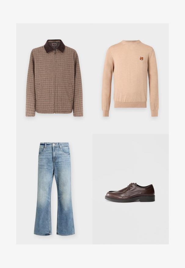 Veste à carreaux marron avec un col en velours côtelé marron foncé, dotée d'une fermeture éclair à l'avant et de deux poches latérales. Le textile a une texture lisse.; Pull beige à manches longues avec col rond, poignets et ourlet côtelés, arborant un petit emblème de tête de renard orange sur le côté gauche de la poitrine.; Jean bleu clair taille haute jambe large, fermeture devant par bouton et zip, deux poches avant et délavage subtil sur les cuisses et les genoux.; Chaussure habillée en cuir marron avec un bout arrondi, des accents de couture minimum, et une semelle noire robuste. Présente un système de laçage et une texture lisse.
