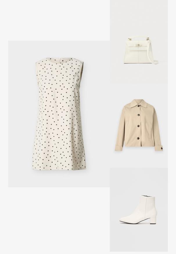 Veste beige en coton, dotée d'un col classique, de boutons à l'avant et de poches latérales ; texture lisse et design structuré.; Robe crème sans manches avec un col rond et de petits pois noirs uniformément répartis sur le tissu.; Bottine blanche à talon bloc, fermeture éclair latérale, bout pointu et finition en cuir lisse, présentée sur un fond gris clair.; Sac à main en cuir blanc avec une forme structurée, poignée supérieure, bandoulière amovible et fermeture à boucle argentée. Texture lisse, design minimaliste.