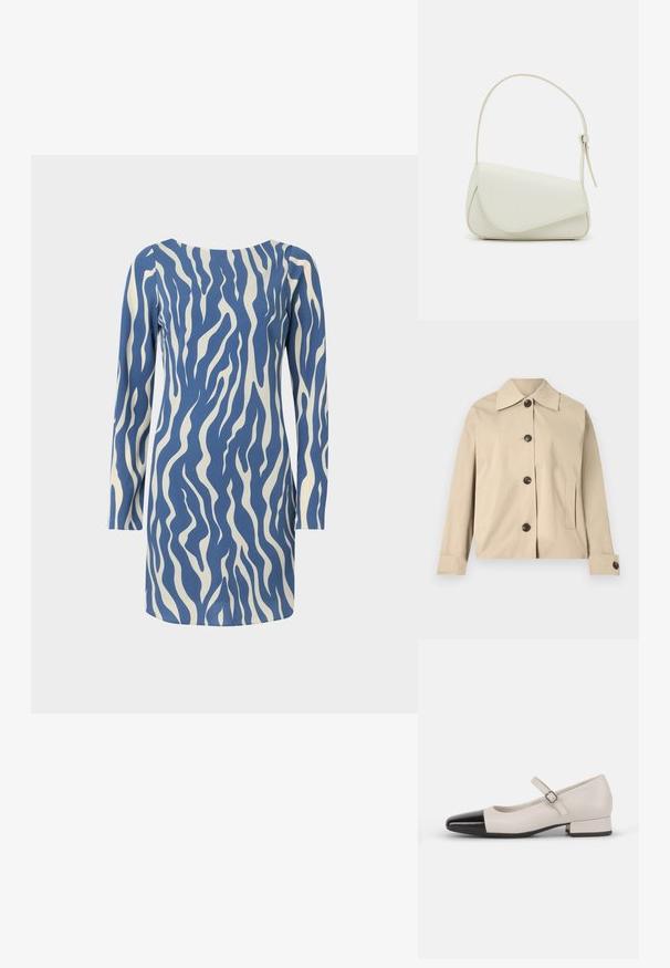 Veste beige en coton, dotée d'un col classique, de boutons à l'avant et de poches latérales ; texture lisse et design structuré.; Robe à manches longues bleue et crème avec un motif en vagues, dotée d'un col rond et d'une coupe droite, fabriquée dans un tissu doux.; Chaussure de style Mary Jane en cuir crème avec un bout en vernis noir. Présente un bout rond, une sangle de cheville avec une boucle carrée et un petit talon carré.; Sac à main en cuir synthétique blanc avec une forme triangulaire structurée, une bandoulière unique réglable et un rabat à courbes accentuées.