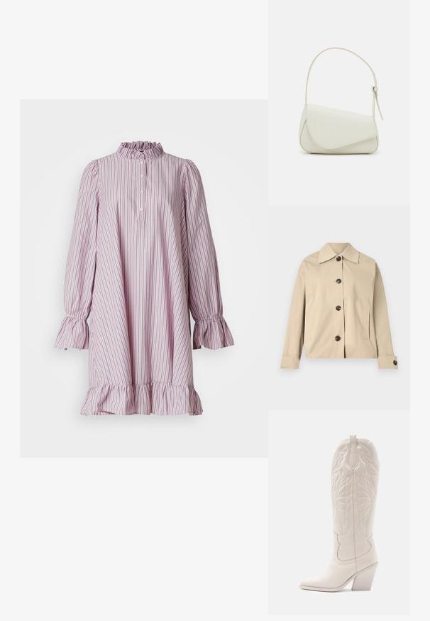 Veste beige en coton, dotée d'un col classique, de boutons à l'avant et de poches latérales ; texture lisse et design structuré.; Robe à manches longues avec encolure et poignets volantés, confectionnée en tissu rayé rose clair et blanc. Présente une fermeture à boutons et un ourlet évasé.; Bottine de cowboy en cuir blanc avec un bout pointu et un talon bloc. Présente des motifs de broderie complexes sur la tige et une texture lisse.; Sac à main en cuir synthétique blanc avec une forme triangulaire structurée, une bandoulière unique réglable et un rabat à courbes accentuées.