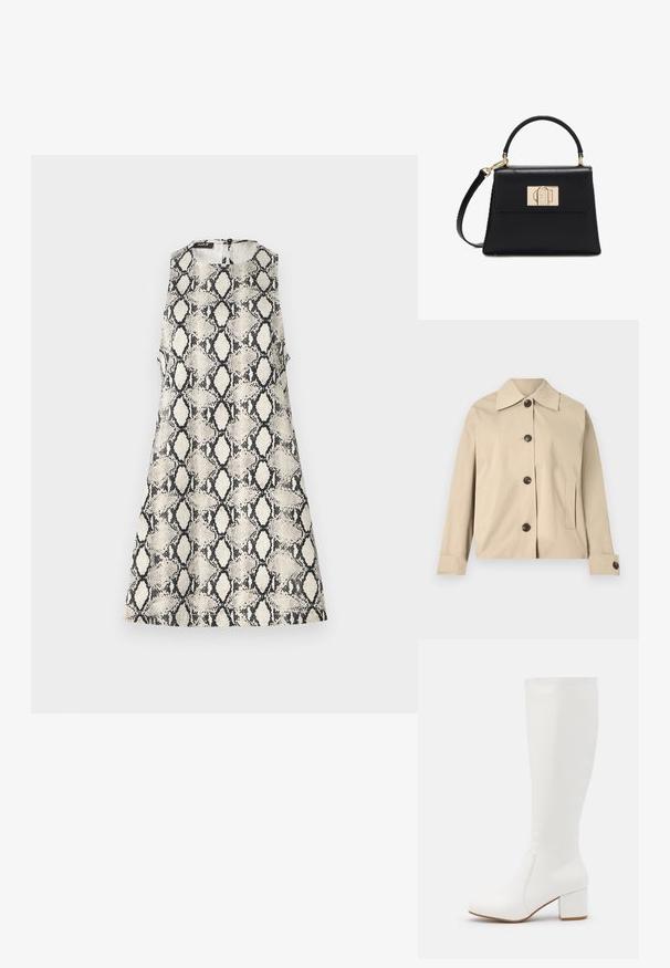 Veste beige en coton, dotée d'un col classique, de boutons à l'avant et de poches latérales ; texture lisse et design structuré.; Une robe sans manches avec un motif de serpent beige et noir, un col rond et une fermeture éclair dans le dos.; Bottes blanches jusqu'au genou avec une finition lisse et brillante. Talon carré et détails de couture subtils sur le côté.; Sac à main en cuir noir avec une poignée supérieure, une bandoulière amovible et un fermoir rectangulaire doré sur le rabat avant.