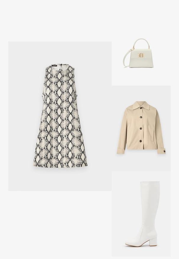 Veste beige en coton, dotée d'un col classique, de boutons à l'avant et de poches latérales ; texture lisse et design structuré.; Une robe sans manches avec un motif de serpent beige et noir, un col rond et une fermeture éclair dans le dos.; Bottes blanches jusqu'au genou avec une finition lisse et brillante. Talon carré et détails de couture subtils sur le côté.; Petit sac à main blanc avec poignée supérieure, bandoulière amovible et fermoir rectangulaire doré sur la rabat avant.