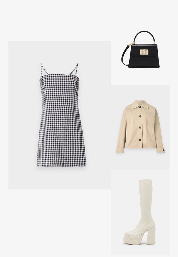 Veste beige en coton, dotée d'un col classique, de boutons à l'avant et de poches latérales ; texture lisse et design structuré.; Robe à carreaux noir et blanc avec des bretelles fines, silhouette droite et corsage ajusté. Matière en coton avec une texture lisse.; Steve Madden CYPRESS - Bottes à plateau - off white; Sac à main en cuir noir avec une poignée supérieure, une bandoulière amovible et un fermoir rectangulaire doré sur le rabat avant.