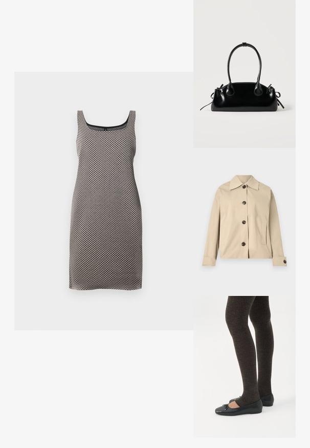 Veste beige en coton, dotée d'un col classique, de boutons à l'avant et de poches latérales ; texture lisse et design structuré.; Robe sans manches arrivant au genou avec un décolleté carré et un motif zigzag serré en noir, beige et blanc.; Jambes portant des leggings côtelés foncés associés à des ballerines noires avec de petits détails en nœud sur fond blanc.; Petit sac à main noir brillant avec deux longues anses et des détails à cordon sur les côtés sur un fond clair uni.