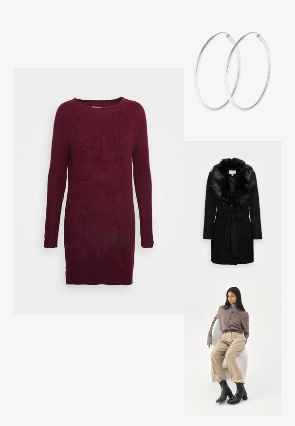 VILA VIMETIL COLLAR - Manteau classique - black; Noisy May NMSIESTA O NECK DRESS - Robe pull - windsor wine; Femme aux longs cheveux noirs appuyée sur une chaise blanche courbée, portant un chemisier taupe, un pantalon beige, une ceinture noire et des bottines noires à talons.; Boucles d'oreilles en argent, de forme ronde lisse et finition polie. Les deux boucles d'oreilles sont de la même taille et disposent d'un mécanisme de fermeture sécurisé.