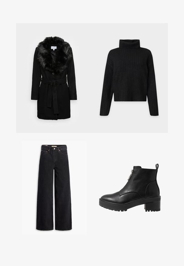 VILA VIMETIL COLLAR - Κλασικό παλτό - black; Μαύρο ριμπ πλεκτό πουλόβερ με ζιβάγκο, μακριά μανίκια και ελαφρώς cropped εφαρμογή σε απλό ανοιχτό φόντο.; Μαύρα τζιν παντελόνια με φαρδιά γραμμή, κατασκευασμένα από τζιν ύφασμα, με πέντε τσέπες, χάλκινες βίδες και κλασικό κλείσιμο με κουμπί. Λείο υλικό με καθαρό σχέδιο.; Μαύρη δερμάτινη μποτάκι μέχρι τον αστράγαλο με φερμουάρ στο πλάι, χοντρό μαύρο τακούνι και υφή στην σόλα για πρόσφυση. Ομαλή επιφάνεια με ελάχιστες λεπτομέρειες.
