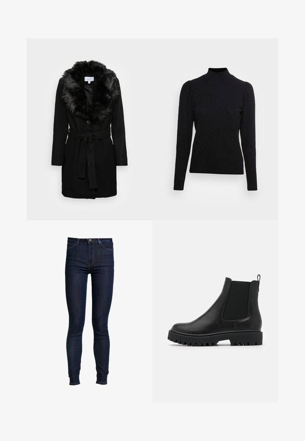 VILA VIMETIL COLLAR - Manteau classique - black; Haut noir à manches longues en tissu texturé avec un col montant et des épaules bouffantes, comportant des fils métalliques subtils pour une légère brillance.; Jean skinny bleu foncé en denim, avec une taille mi-haute, un design classique à 5 poches et des détails de coutures contrastées.; Bottines Chelsea en cuir noir avec des panneaux élastiques sur les côtés, une languette arrière et une semelle épaisse et robuste avec des rainures profondes pour une meilleure adhérence.