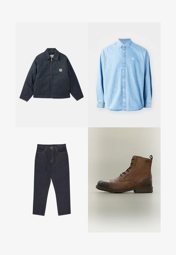 Dark blue denim jacket with a front zipper, pointed collar, and two side pockets. Features a chest pocket with a logo patch and yellow stitching.; Light blue denim button-up shirt with long sleeves, pointed collar, and a small logo on the left chest. Features a relaxed fit and classic design.; Dark blue denim jeans with straight legs, front pockets, belt loops, and visible stitching on a white background.; Brown leather lace-up ankle boot with black toe cap, round sole, and branded detail on the side against plain background.