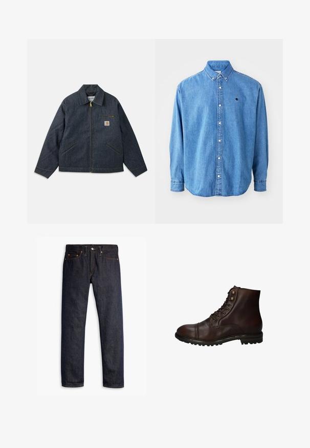 Mørkeblå denimjakke med lynlås foran, spids krave og to sidelommer. Har en brystlomme med logo-patch og gul syning.; Denim button-down skjorte, lyseblå i farven, med krave, lange ærmer og et lille logo på brystet. Har hvide knapper og syninger.; Mørkeblå denimjeans med lige pasform, fem-lomme design, kobbernitter, gul syning og et markant struktureret stof.; Mørkebrun læder snørebånd ankelstøvle med robuste gummisål og metaløjer, set fra den ydre side.