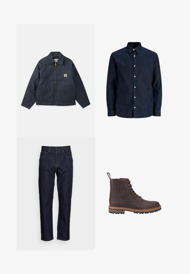 Mørkeblå denimjakke med lynlås foran, spids krave og to sidelommer. Har en brystlomme med logo-patch og gul syning.; Mørkeblå denimskjorte med lange ærmer, hvide knapper og spids krave, vist på hvid baggrund.; Mørkeblå denimjeans med lige pasform, fem lommer og kontrasterende gul syning. Designet med en klassisk knap- og lynlåslukning.; Brune læder støvler med snørebånd ved anklen, med en tekstureret overflade, kontrasterende beige såler og metaløjer. Har en trækflig for nem påtagning.