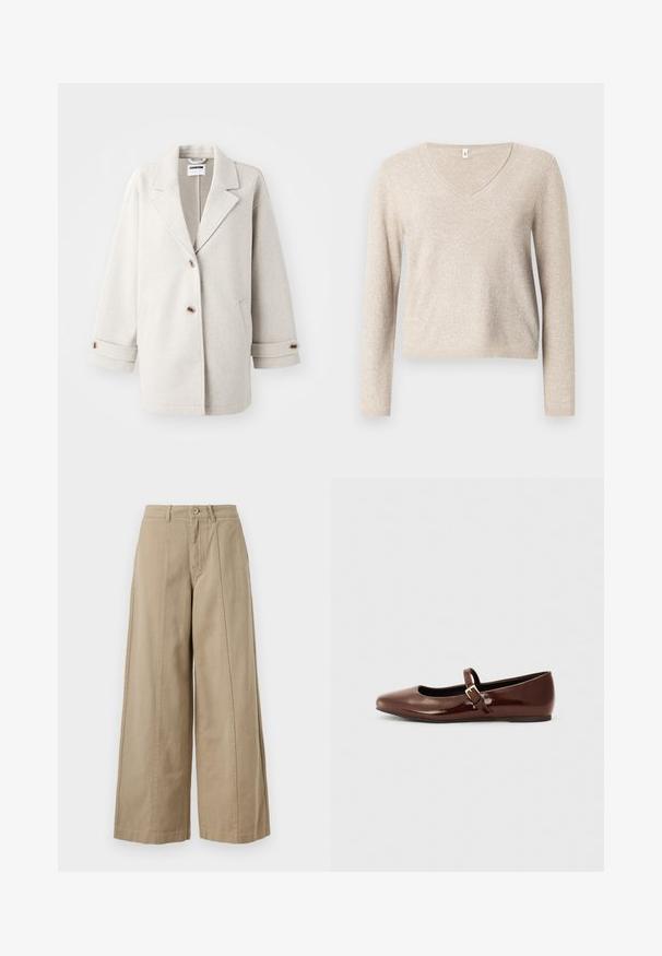 Lys grå uldfrakke med overdimensionerede klapkraver, to knapper, opbrettede manchetter og sidelommer. Blød tekstur, afslappet pasform og minimalistisk design.; Beige v-hals sweater lavet af blødt strikket stof med lange ærmer, med en afslappet pasform og ribbet kant. Tekstureret overflade med let glans.; Beige brede bukser lavet af robust bomuld, med knaplukning, bæltestropper og rene frontindlæg uden synlige lommer.; Brun patentlæder balletflade med firkantet tå og strop med en lille guldbuckle. Glat tekstur, lav hæl og minimalistisk design.