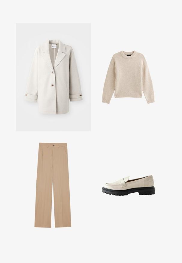 Lys grå uldfrakke med overdimensionerede klapkraver, to knapper, opbrettede manchetter og sidelommer. Blød tekstur, afslappet pasform og minimalistisk design.; Beige strikket sweater med rund hals, lange ærmer og ribbet kant. Tekstureret stof med en blød udseende. Enkel og alsidig design.; Beige brede bukser med en glat tekstur, der har to sidelommer, en frontlukning med knap og diskrete plisseringer for at tilføje detaljer.; Beige patentlæder loafers med rund tå, kraftig sort gummisål og en syet detalje foran.