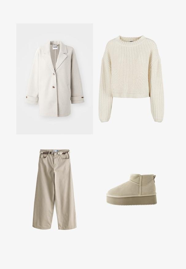 Lys grå uldfrakke med overdimensionerede klapkraver, to knapper, opbrettede manchetter og sidelommer. Blød tekstur, afslappet pasform og minimalistisk design.; Chunky strik creme trøje med rund halsudskæring, brede ærmer, ribbede manchetter og et struktureret mønster. Korte design.; Beige bukser med vide ben, forlommer og bæltestropper, kombineret med et camouflagemønster bælte med metal spænde.; Beige ruskindsankelstøvle med rund tå og en tyk platformssål. Har en pull tab og syninger langs sømmene.