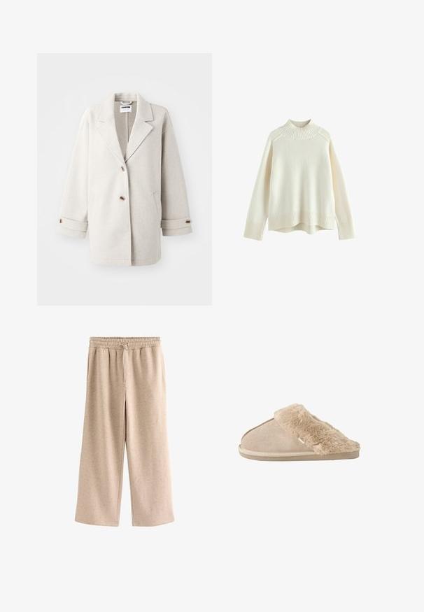 Lys grå uldfrakke med overdimensionerede klapkraver, to knapper, opbrettede manchetter og sidelommer. Blød tekstur, afslappet pasform og minimalistisk design.; Cremefarvet sweater med ribbet høj hals, lange ærmer og en afslappet pasform. Struktureret strikstof og ribbestykke detalje i bunden.; Beige bukser med vide ben, elastisk talje og snørre, lavet af et blødt, plettet stof.; Beige slip-on tøfler med blødt ruskind yderside og blødt, fluffy inderfor og manchet, designet til komfort indendørs.