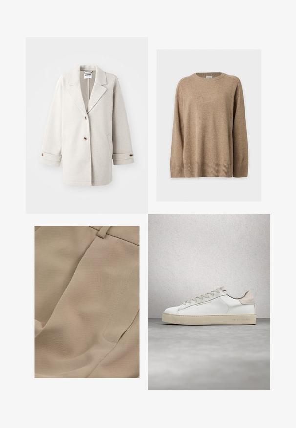 Lys grå uldfrakke med overdimensionerede klapkraver, to knapper, opbrettede manchetter og sidelommer. Blød tekstur, afslappet pasform og minimalistisk design.; Beige langærmet striktrøje med ribstrikkede manchetter, kant og rund hals, vist fladt på en hvid baggrund.; Reiss PETITE FIT - EDEN ELASTICATED WAIST WIDE - Bukser - mink neutral; Hvide lædersneakers med en glat overflade, beige ruskindsdetaljer, rund tå, flad snørebåndsdesign og en struktureret gummisål.