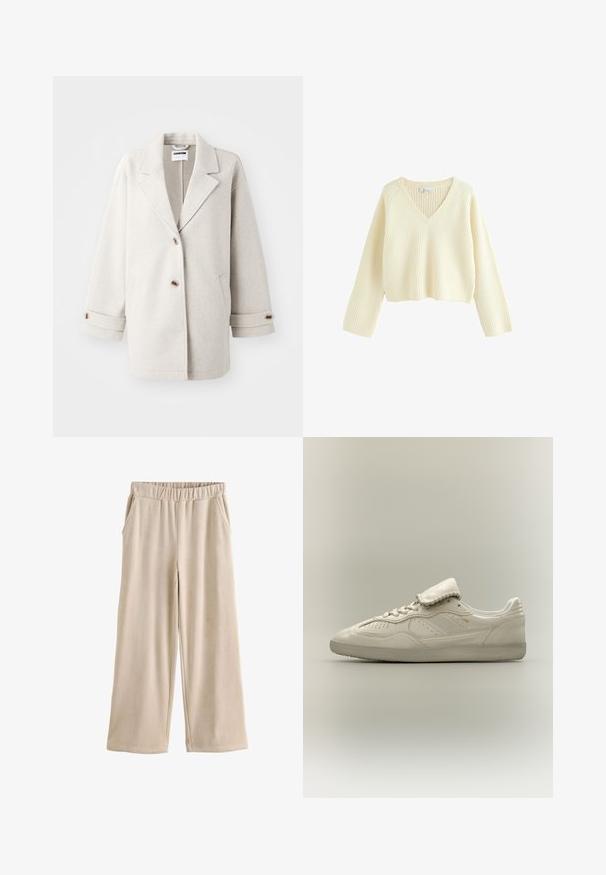 Lys grå uldfrakke med overdimensionerede klapkraver, to knapper, opbrettede manchetter og sidelommer. Blød tekstur, afslappet pasform og minimalistisk design.; Cremefarvet, cropped sweater med ribbet tekstur, V-hals og lange ærmer. Har en afslappet pasform og et enkelt design.; Beige bredbenede fløjlsbukser med elastik i taljen og sidelommer, vist fladt på hvid baggrund.; Hvid lavtop sneaker med tekstureret sål, snørebånd foran, polstret tunge og subtilt gyldent mærke på siden, vist på neutral baggrund.