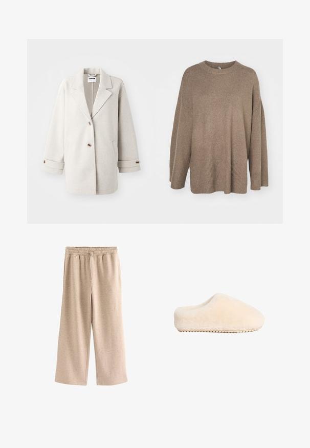 Lys grå uldfrakke med overdimensionerede klapkraver, to knapper, opbrettede manchetter og sidelommer. Blød tekstur, afslappet pasform og minimalistisk design.; Brun oversized sweater med ribbet kant, brede ærmer og rund hals. Blød tekstur, minimalistisk design uden mønstre.; Beige bukser med vide ben, elastisk talje og snørre, lavet af et blødt, plettet stof.; Beige, bløde, fuzzy tøfler med en solid flad sål og rund tå, der har et sømløst design og en blød tekstur.