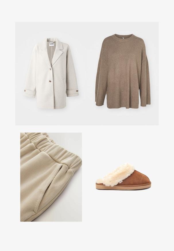 Lys grå uldfrakke med overdimensionerede klapkraver, to knapper, opbrettede manchetter og sidelommer. Blød tekstur, afslappet pasform og minimalistisk design.; Brun oversized sweater med ribbet kant, brede ærmer og rund hals. Blød tekstur, minimalistisk design uden mønstre.; Beige ribbede stofshorts med elastisk talje og sidelommer, med en blød tekstur og et afslappet fit design.; Brune ruskinds slippers med en fluffy cremet pelskrave og let gummi sål, med et lille brandmærke på siden.