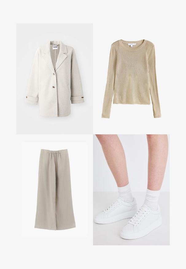 Lys grå uldfrakke med overdimensionerede klapkraver, to knapper, opbrettede manchetter og sidelommer. Blød tekstur, afslappet pasform og minimalistisk design.; Beige ribstrikket langærmet sweater med rund halsudskæring og slim fit, vist fladt med synligt mærke ved kraven.; Beige bukser med vide ben og elastisk talje lavet af et let, blødt stof.; Copenhagen Studios CPH72 - Sneakers - white