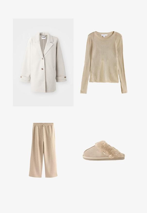 Lys grå uldfrakke med overdimensionerede klapkraver, to knapper, opbrettede manchetter og sidelommer. Blød tekstur, afslappet pasform og minimalistisk design.; Beige ribstrikket langærmet sweater med rund halsudskæring og slim fit, vist fladt med synligt mærke ved kraven.; Cremefarvede breddebenede bukser lavet af blødt bomuldsblandingsstof. Har en elastisk talje med snor og en subtil plettet tekstur.; Beige slip-on tøfler med blødt ruskind yderside og blødt, fluffy inderfor og manchet, designet til komfort indendørs.