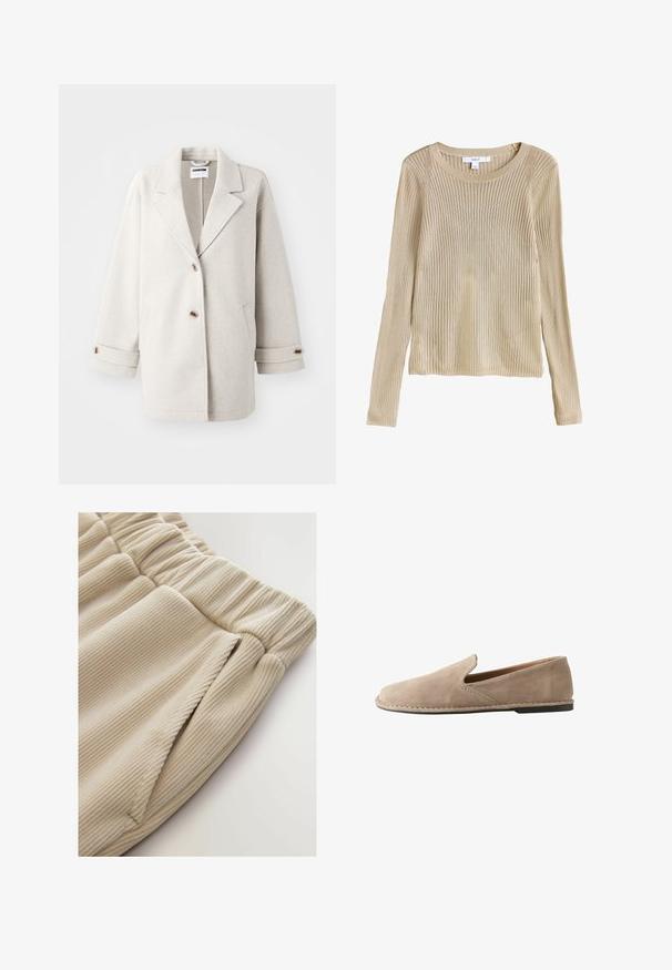 Lys grå uldfrakke med overdimensionerede klapkraver, to knapper, opbrettede manchetter og sidelommer. Blød tekstur, afslappet pasform og minimalistisk design.; Beige ribstrikket langærmet sweater med rund halsudskæring og slim fit, vist fladt med synligt mærke ved kraven.; Beige ribbede stofshorts med elastisk talje og sidelommer, med en blød tekstur og et afslappet fit design.; Beige ruskind slip-on loafers med rund tå, lav flad hæl, syet sål og elastisk sideindsats for nem påtagning.