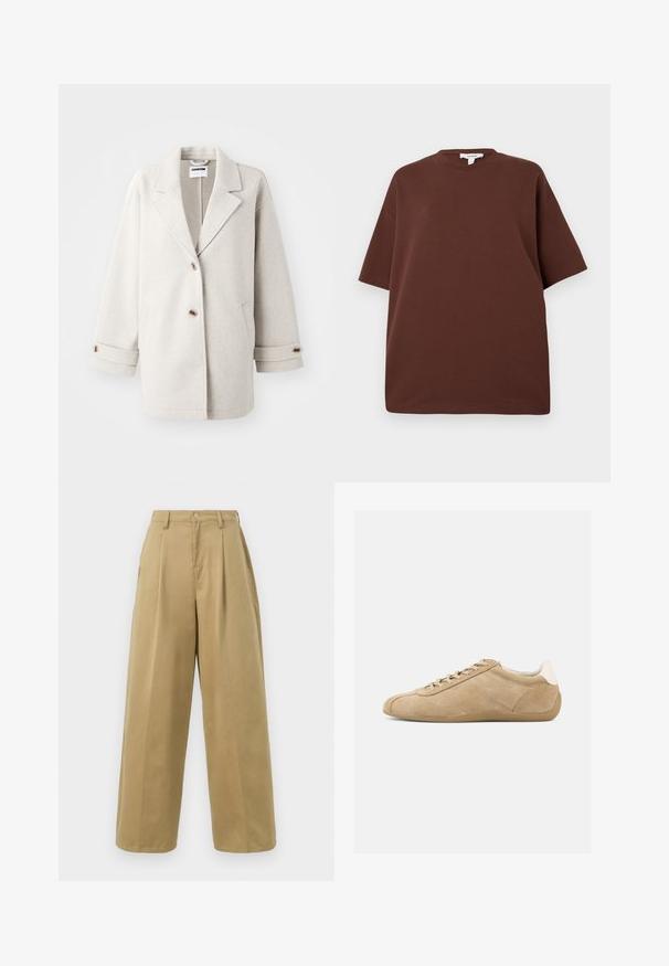 Lys grå uldfrakke med overdimensionerede klapkraver, to knapper, opbrettede manchetter og sidelommer. Blød tekstur, afslappet pasform og minimalistisk design.; Brun oversized T-shirt med korte ærmer og rund hals, med synligt Topshop-mærke inde i kraven, vist på en hvid baggrund.; Khaki viddebenede bukser lavet af bomuldsblandingsstof, med flad front og læg, knaplukning og en glat overflade.; Tanfarvede ruskindssneakers med en glat tekstur, rundet tå, lys snørredesign og en kontrasterende hvid hælaccent. Fleksibel gummisål.