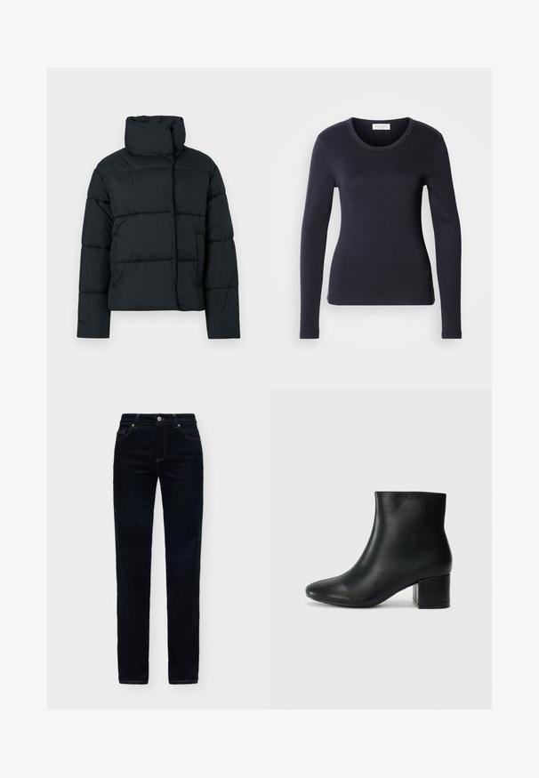Veste matelassée noire avec un col montant, un design matelassé, et une coupe carrée. Elle comporte une fermeture éclair à l'avant et aucun détail visible de quincaillerie.; Haut ajusté noir à manches longues en tissu lisse, avec un col rond et un design simple, arborant une petite étiquette sur le côté inférieur.; Jean droit en denim bleu foncé avec poches avant et fermeture par bouton sur un fond uni clair.; Bottines en cuir noir avec un bout pointu et un talon épais. Texture lisse avec des accents minimalistes et un design élégant et ajusté.