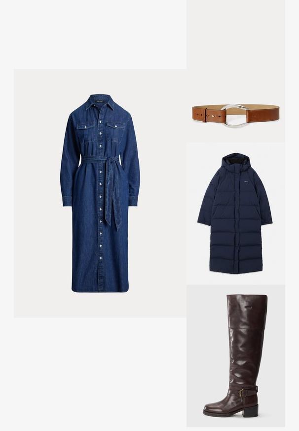 Mørkeblå lang puffjakke med hætte, rektangulært design, quiltet mønster, frontlynlås og indvendig foering. Har justerbare snore.; Langærmet mørkeblå denimskjortekjole med knapper foran, brystlommer, krave og matchende stofbælte bundet i taljen.; Brune læderstøvler over knæet med en rund tå, en bred skafter, en spænde-rem ved anklen og en lav blokhæl.; Brunt læderbælte med poleret sølv ovalt spænde, flere justeringshuller og syede kanter på en lys baggrund.