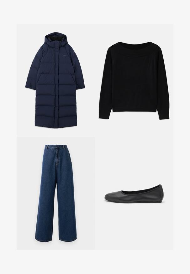 Mørkeblå lang puffjakke med hætte, rektangulært design, quiltet mønster, frontlynlås og indvendig foering. Har justerbare snore.; Sort sweater med en bred, rund halsudskæring, lange ærmer og en glat, blød tekstur. Har et minimalistisk design uden synlige mønstre.; Højtaljede brede jeans i mørkeblå denim med frontknap og lynlås, bæltestropper og sidelommer.; Sort læderballetsko med rund tå, glat tekstur, minimal syning og et fleksibelt såldesign.