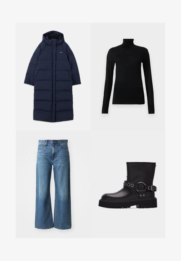 Mørkeblå lang puffjakke med hætte, rektangulært design, quiltet mønster, frontlynlås og indvendig foering. Har justerbare snore.; Sort turtleneck sweater lavet af blødt, letvægtsmateriale. Har lange ærmer og en tætsiddende stil med høj krave.; Bredde ben blå denimjeans med mid-rise talje, fem lommer og subtile falmninger. Funktionen inkluderer bæltestropper og syede detaljer.; Sort læderstøvle til midten af læggen med tyk sål med slidbanemønster, dekorativ rem med sølvmetal-øjer og spænde på siden.