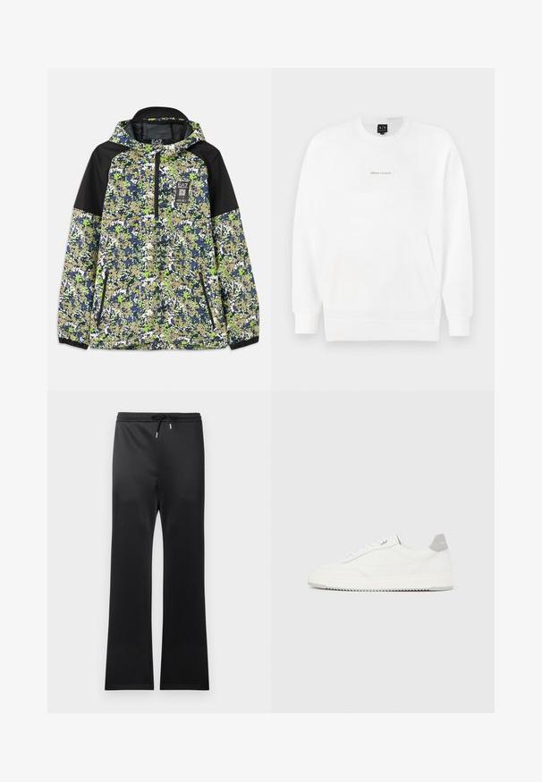 Jas met capuchon en halve rits, voorzien van een blauw, groen, wit en beige camouflagepatroon met zwarte schouderpanelen en ritszakken aan de voorkant.; Witte lange mouwen sweatshirt met ronde hals, voorzak en 'Armani Exchange'-label in het midden van de borst.; Zwarte sportbroek met een trekkoord in de taille, gemaakt van een gladde stof. Uitlopende pijpen en een minimalistisch uiterlijk zonder patronen.; Witte lage sneaker met grijze hielpatch, witte veters en een gestructureerde zool, gepresenteerd op een effen lichte achtergrond.