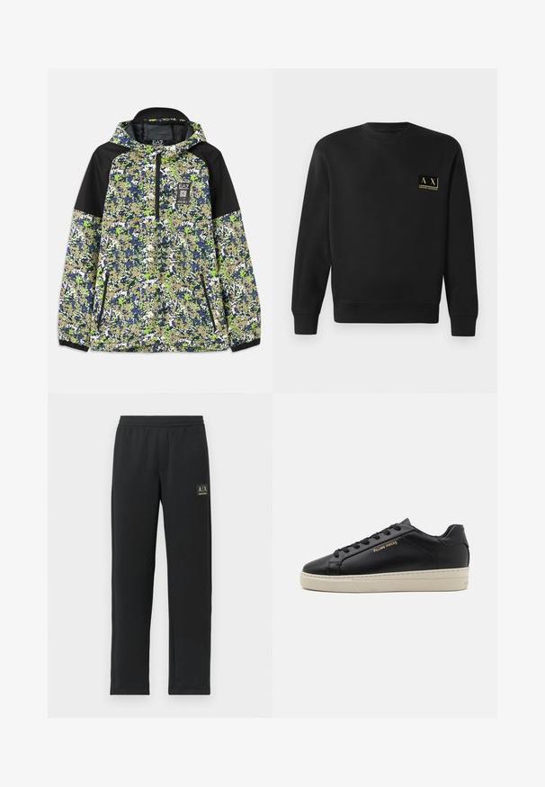 Takki, jossa on huppu ja puoliveto, sinisen, vihreän, valkoisen ja beige-kamouflagekuvio, mustilla olkapaneeleilla ja vetoketjullisilla etutaskuilla.; Musta pitkähihaisen crewneck-huppari, jossa on pieni beige Armani Exchange -logo vasemmassa rinnassa.; Musta suoralahkeinen collegehousut, joissa on joustava vyötärö ja musta tikkilogo vasemmassa yläreidessä.; Musta nahkakengät, joissa on sileä pinta, kontrastoiva kerma värinen pohja, pyöreä kärki, kultainen logo sivussa ja kuusi reikää nauhoille.