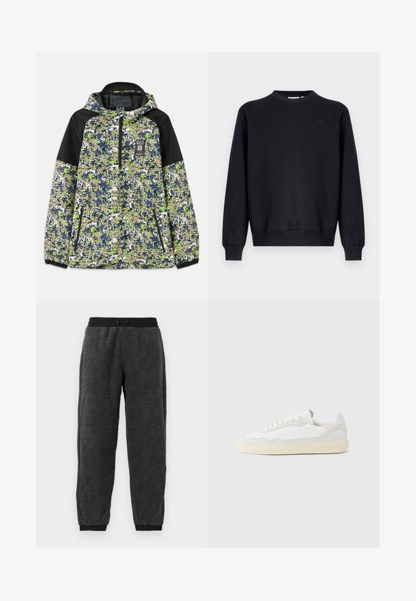 Jakke med hætte og halvlængde lynlås, prydet med blå, grøn, hvid og beige camouflage mønster samt sorte skulderpaneler og lynlåslommer foran.; Sort sweatshirt lavet af bomuldsblend. Rund halsudskæring, lange ærmer, ribstrikkede manchetter og kant. Diskret logo på brystet.; Grå joggerbukser med et tekstureret stof, der har et logo mønster over hele stoffet, elastisk talje og elastiske manchetter ved anklerne.; Hvid sneakers med en øvre del i tekstureret ruskind og læder. Har rundet tå, snørelukning og kontrasterende beige gummisål.