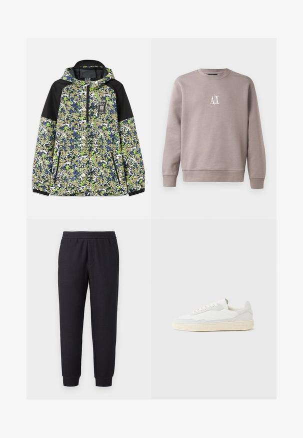 Jas met capuchon en halve rits, voorzien van een blauw, groen, wit en beige camouflagepatroon met zwarte schouderpanelen en ritszakken aan de voorkant.; Grijze sweatshirt gemaakt van zachte stof, met een ronde hals, lange mouwen en een klein wit logo op de borst.; Zwarte taps toelopende joggingbroek met elastische tailleband en boorden, voorzien van een subtiel textuurpatroon en zijzakken.; Witte sneaker met een bovenwerk van gestructureerd suède en leer. Voorzien van een afgeronde neus, vetersluiting en een contrasterende beige rubberen zool.