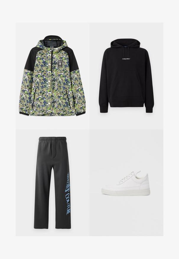 Jacke mit Kapuze und halbem Reißverschluss, mit einem blau-grün-weißen und beigefarbenen Camouflage-Muster, schwarzen Schulterpanelen und mit Reißverschluss versehenen Fronttaschen.; Schwarzer Kapuzenpullover mit Fronttasche und weißem "A-COLD-WALL*" Logo zentriert auf der Brust.; Schwarze Sweatpants aus weichem Material, mit lockerer Passform und elastischem Bund. Auffälliger blauer Aufdruck entlang der Seite.; Weißer Ledersneaker mit abgerundetem Zehenbereich, flacher Sohle und Schnürverschluss. Verfügt über Nahtdetails und einen gepolsterten Kragen für zusätzlichen Komfort.