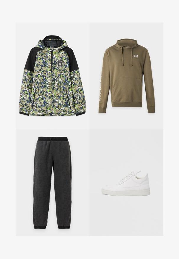 Jakke med hætte og halvlængde lynlås, prydet med blå, grøn, hvid og beige camouflage mønster samt sorte skulderpaneler og lynlåslommer foran.; Olivengrøn hættetrøje med forlomme, snøre, EA7 Emporio Armani-logo på brystet og hvidt mærkenavn på venstre ærme.; Grå joggerbukser med et tekstureret stof, der har et logo mønster over hele stoffet, elastisk talje og elastiske manchetter ved anklerne.; Hvid lædersneaker med rundet tå, flad sål og snørebånd foran. Har syningsdetaljer og polstret krave for komfort.