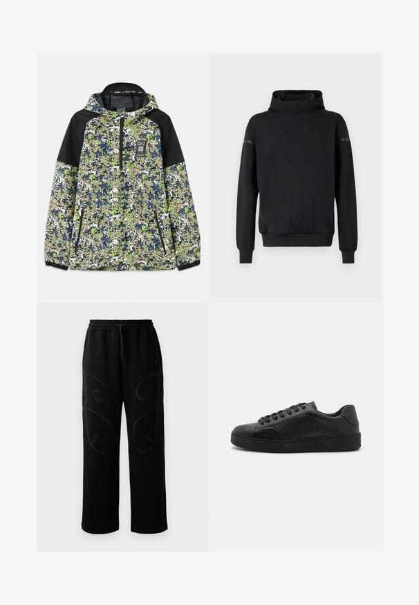 Jakke med hætte og halvlængde lynlås, prydet med blå, grøn, hvid og beige camouflage mønster samt sorte skulderpaneler og lynlåslommer foran.; Sort hættetrøje med høj hals, lange ærmer og en løs pasform. Har et diskret logo og en glat tekstur med en let glans på skulderdetaljerne.; Sorte joggingbukser med en afslappet pasform, der har intrikate spiralmønstre i syningerne langs siderne samt en elastisk talje med snoretræk.; Sorte lædersneakers med rund tå, flad sål og traditionel snøring. Har en glat tekstur og diskrete detaljer på siden.