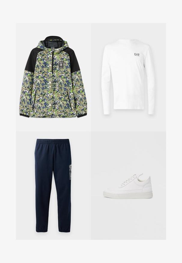 Jakke med hætte og halvlængde lynlås, prydet med blå, grøn, hvid og beige camouflage mønster samt sorte skulderpaneler og lynlåslommer foran.; Hvid langærmet T-shirt lavet af bomuld, med et lille sort EA7-logo på venstre brystområde. Enkel design med rund halsudskæring.; Marineblå sweatpants med elastisk talje, tætsiddende ben og et hvidt logo på siden. Glat stof med en let tekstur.; Hvid lædersneaker med rundet tå, flad sål og snørebånd foran. Har syningsdetaljer og polstret krave for komfort.