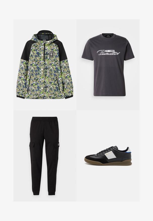 Jakke med hætte og halvlængde lynlås, prydet med blå, grøn, hvid og beige camouflage mønster samt sorte skulderpaneler og lynlåslommer foran.; Grå bomulds t-shirt med rund hals, der har et hvidt grafisk print med ordene "CITY SUMMER Paradise" i en stiliseret skrifttype.; Sorte cargobukser med elastisk talje, to sidelommer og logodetaljer på venstre side. Glat tekstur, der bliver smallere ved anklerne.; Sorte læder- og ruskinds sneakers med en grå panel, brun gummisål og blå detaljer på hælen. Har snørebånd og præget logo.