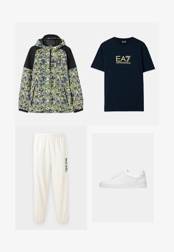 Jas met capuchon en halve rits, voorzien van een blauw, groen, wit en beige camouflagepatroon met zwarte schouderpanelen en ritszakken aan de voorkant.; Navyblauwe katoenen T-shirt met een gouden logo-opdruk "EA7 EMPORIO ARMANI" op de borst, korte mouwen en een ronde hals.; Lichtbeige sweatpants met een elastische tailleband en elastische boorden. Heeft een zwart gedrukt logo op het linkerbeen. Zachte stoftextuur.; Witte lage sneaker met vetersluiting, glad leren bovenwerk en dikke zool, gezien vanuit de zijkant tegen een effen achtergrond.