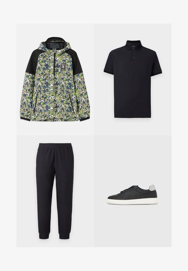 Jakke med hætte og halvlængde lynlås, prydet med blå, grøn, hvid og beige camouflage mønster samt sorte skulderpaneler og lynlåslommer foran.; Sort polo med tekstureret mønster, tre-knaps stolpelukning og klassisk krave. Korte ærmer og lige kant. Blødt stof.; Sorte, tilspidsede joggingbukser med elastisk talje og buksekant, med et diskret tekstureret mønster og sidelommer.; Sort lavtop-sneakers med hvid sål og grå hælkappe, set fra siden på en helt hvid baggrund.