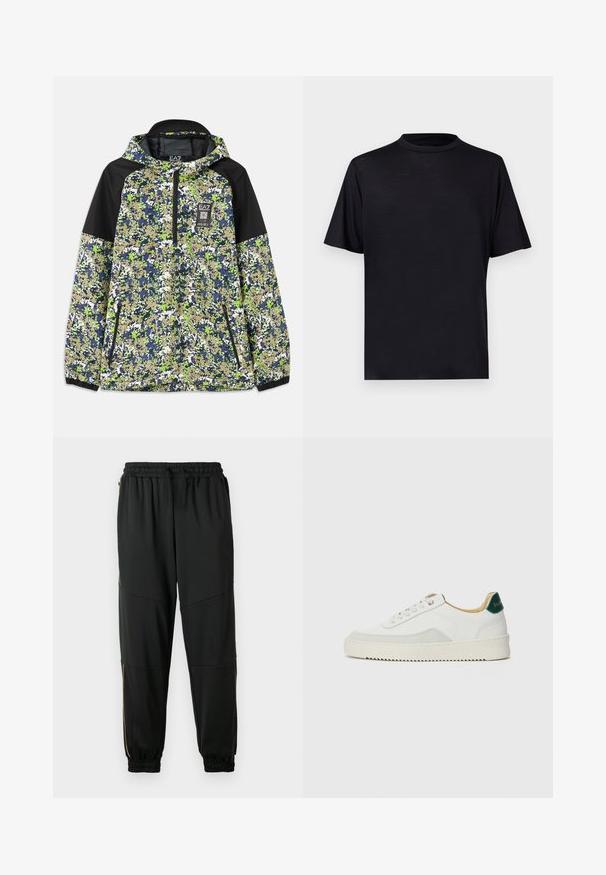 Jakke med hætte og halvlængde lynlås, prydet med blå, grøn, hvid og beige camouflage mønster samt sorte skulderpaneler og lynlåslommer foran.; Sort T-shirt med korte ærmer og høj hals, lavet af en glat, letvægtsstof, med et minimalistisk design uden mønstre eller detaljer.; Sorte træningsbukser lavet af strækbart stof, med elastisk talje, sidelommer med lynlås og afsluttede ben med kontrasterende guld accenter.; Hvide sneakers med ruskindsdetaljer, rund tå, flade snørebånd og en cremet gummisål. Har grøn branding på hælen.