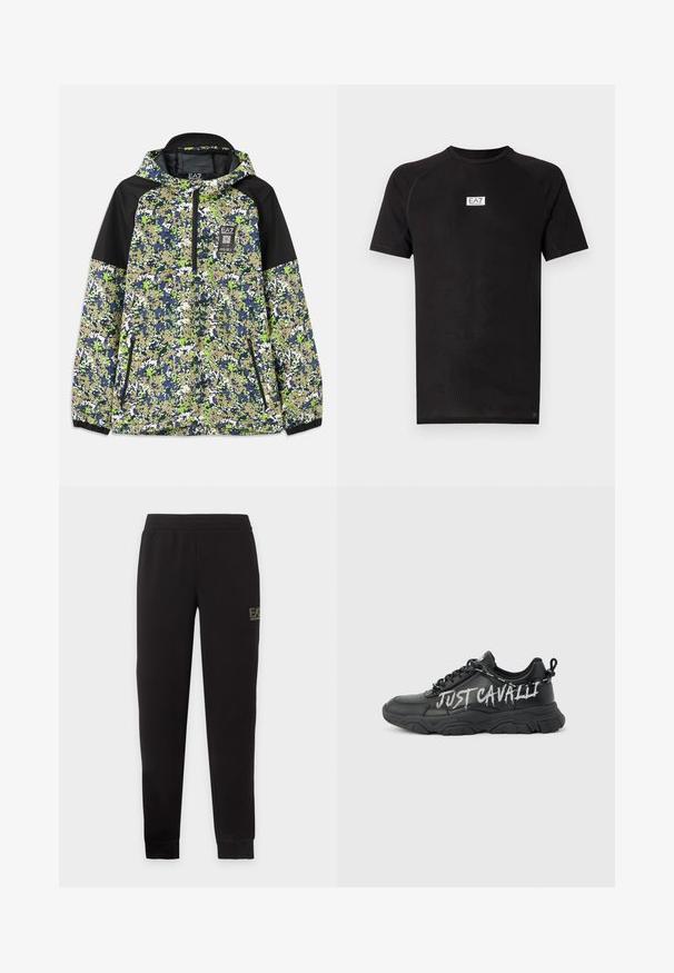 Jakke med hætte og halvlængde lynlås, prydet med blå, grøn, hvid og beige camouflage mønster samt sorte skulderpaneler og lynlåslommer foran.; Sort t-shirt med korte ærmer, der har et subtilt tonet mønster og en lille hvid EA7-logo på brystet. Fremstillet af et let, åndbart stof.; Sorte sweatpants med tapering, elastisk talje og manchetter, med en lille EA7 Emporio Armani-logo på den øverste højre lår.; Sort chunky sneaker med tyk sål og snørebånd, med teksten "JUST CAVALLI" i hvid graffiti-stil på siden.