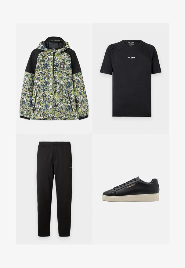 Jas met capuchon en halve rits, voorzien van een blauw, groen, wit en beige camouflagepatroon met zwarte schouderpanelen en ritszakken aan de voorkant.; Zwarte t-shirt met korte mouwen van soepel materiaal, met een ronde hals en een wit "SILENCE" logo op de borst.; Zwarte sportbroek gemaakt van zacht materiaal. Elastische tailleband en boorden. Voorzien van een klein logo aan de zijkant. Rechte pijp.; Zwarte leren sneaker met een gladde afwerking, contrasterende crèmekleurige zool, ronde neus, gouden logo aan de zijkant en zes gaatjes voor veters.