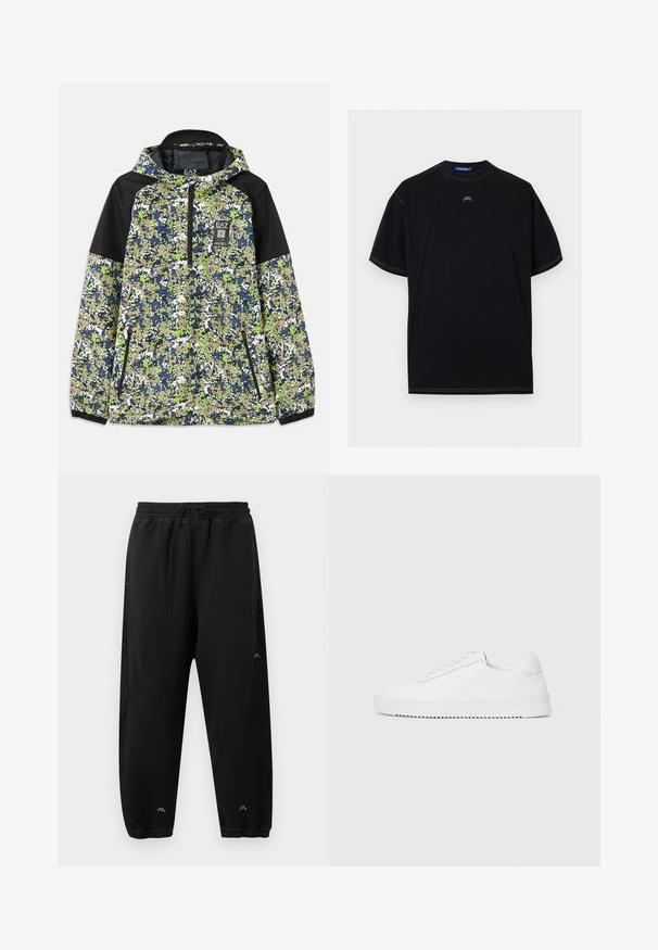 Jakke med hætte og halvlængde lynlås, prydet med blå, grøn, hvid og beige camouflage mønster samt sorte skulderpaneler og lynlåslommer foran.; Sort T-shirt med korte ærmer med kontrastfulde hvide syninger, rund halsudskæring og lille hvid "ACW"-logo centreret nær kraven.; Sorte joggingbukser med elastisk linning og manchetter, slim fit, subtile syningsdetaljer og lille hvidt logo nær anklerne og låret.; Hvid sneaker med en glat læderoverdel, rund tå, snørebånd, teksturerede sideaccenter og en tyk gummisål. Minimalistisk design.