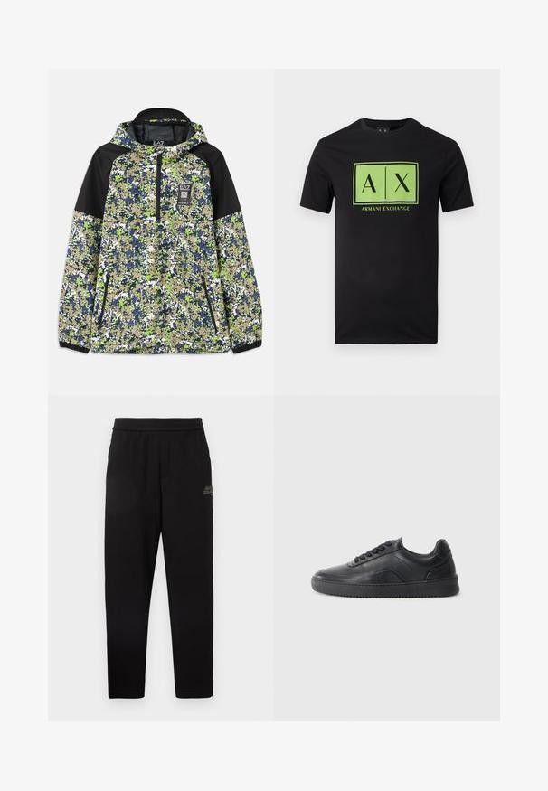 Jacke mit Kapuze und halbem Reißverschluss, mit einem blau-grün-weißen und beigefarbenen Camouflage-Muster, schwarzen Schulterpanelen und mit Reißverschluss versehenen Fronttaschen.; Schwarzes T-Shirt mit kurzen Ärmeln und einem grünen rechteckigen Logo, das "A|X" und den Schriftzug "Armani Exchange" in der Mitte auf der Vorderseite zeigt.; Schwarze tapered Sweathosen mit elastischem Bund und kleinem aufgedrucktem Logo am oberen linken Oberschenkel.; Schwarze Leder-Sneaker mit glatter Oberfläche, abgerundeter Zehenpartie, strukturiertem Seitenpaneel und schwarzen Schnürsenkeln. Verfügt über eine flache Gummisohle und ein minimalistisches Design.