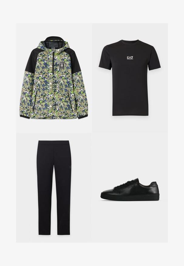 Jakke med hætte og halvlængde lynlås, prydet med blå, grøn, hvid og beige camouflage mønster samt sorte skulderpaneler og lynlåslommer foran.; Sort T-shirt med korte ærmer lavet af blødt stof, med en lille hvid EA7 Emporio Armani-logo på brystet. Klassisk rund halsudskæring.; Sorte slanke leggings med elastisk linning, vist fladt på en hvid baggrund.; Sort lavtop lædersneaker med sorte snørebånd og en tyk sort sål, vist fra siden på en lysegrå baggrund.