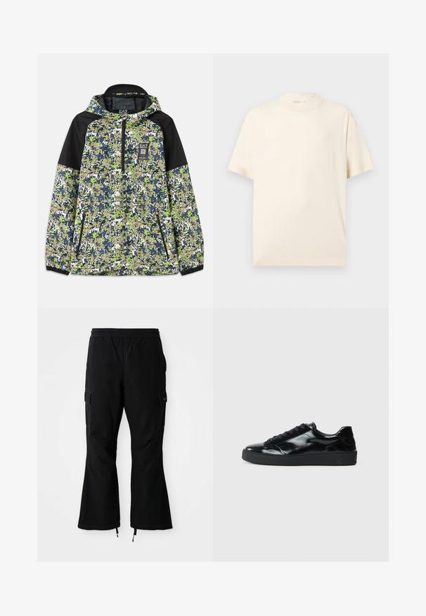 Jakke med hætte og halvlængde lynlås, prydet med blå, grøn, hvid og beige camouflage mønster samt sorte skulderpaneler og lynlåslommer foran.; Enkelt beige t-shirt med korte ærmer og rund hals, vist fladt på en lys grå baggrund.; Sorte cargo-bukser med elastisk talje, som har sidelommer og brede ben med lynlåse ved ankelmanchetterne, præsenteret mod en hvid baggrund.; Sorte laklæder sneakers med rund tå, snørredesign, tekstureret gummisål og en glat overflade.