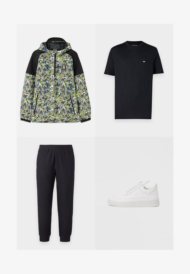 Jacke mit Kapuze und halbem Reißverschluss, mit einem blau-grün-weißen und beigefarbenen Camouflage-Muster, schwarzen Schulterpanelen und mit Reißverschluss versehenen Fronttaschen.; Schwarzes Baumwoll-T-Shirt mit Rundhalsausschnitt, kurzen Ärmeln und kleinem goldenem Logo auf der Brust. Glatte Textur, Standardpassform.; Schwarze, verjüngte Sweatpants mit elastischem Bund und Bündchen, mit subtil strukturiertem Muster und seitlichen Taschen.; Weißer Ledersneaker mit abgerundetem Zehenbereich, flacher Sohle und Schnürverschluss. Verfügt über Nahtdetails und einen gepolsterten Kragen für zusätzlichen Komfort.