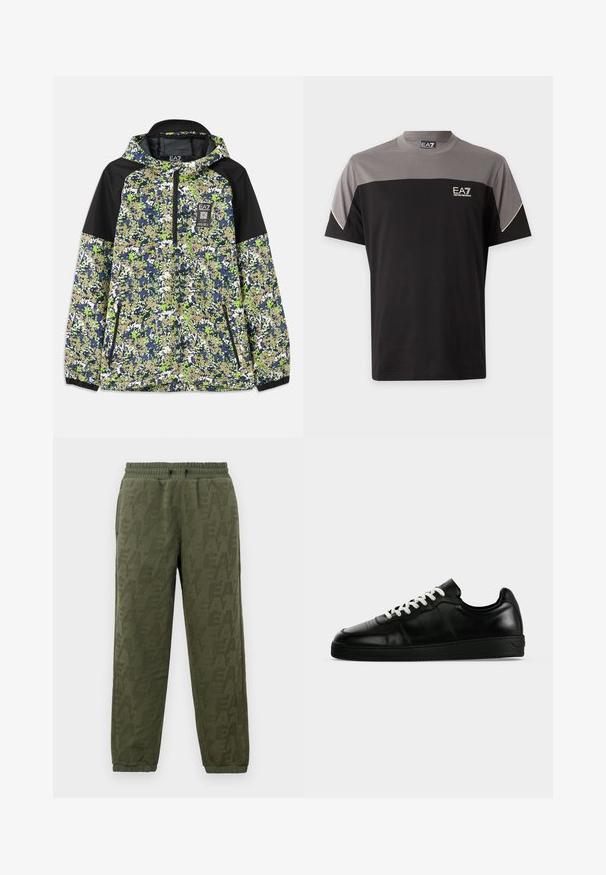 Jas met capuchon en halve rits, voorzien van een blauw, groen, wit en beige camouflagepatroon met zwarte schouderpanelen en ritszakken aan de voorkant.; Zwart-grijze EA7 Emporio Armani T-shirt met korte mouwen, logo op de borst en witte afwerking aan de mouwen.; Olijfgroen fleece joggingbroek met elastische taille en boorden, met subtiel ton-sur-ton EA7 logo patroon overal.; Zwarte lage leren sneaker met witte veters, een platte zwarte zool en subtiele stikseldetails, getoond in zijprofiel op een grijze achtergrond.